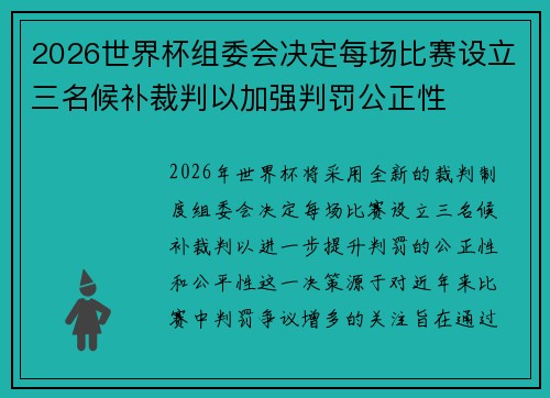 2026世界杯组委会决定每场比赛设立三名候补裁判以加强判罚公正性 2026世界杯组委会决定每场比赛设立三名候补裁判以加强判罚公正性